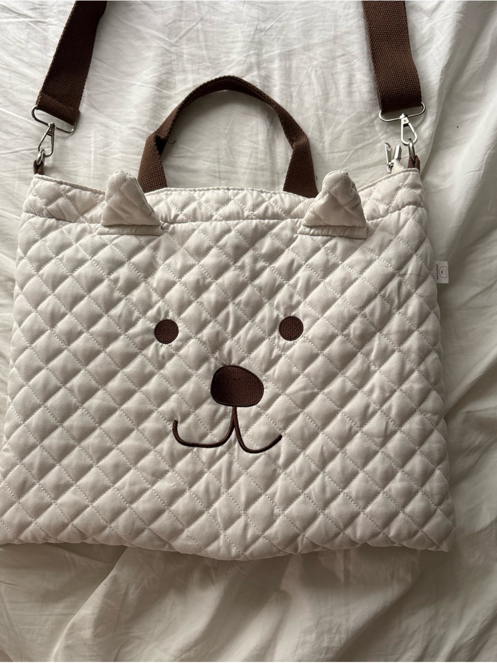 Quilted Bear Face Tote Bag in Cream with Brown Accents